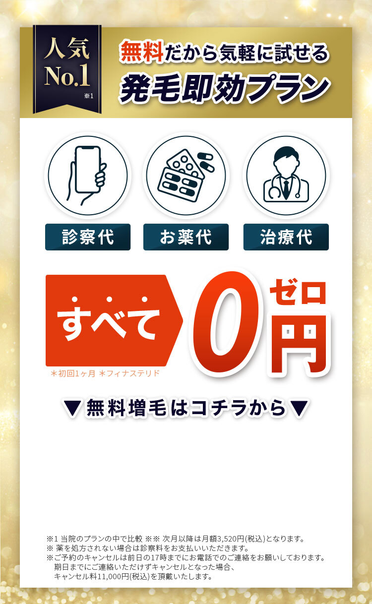 人気No.1　無料だから気軽に試せる発毛即効プラン　診察代　お薬代　治療代　全てゼロ円