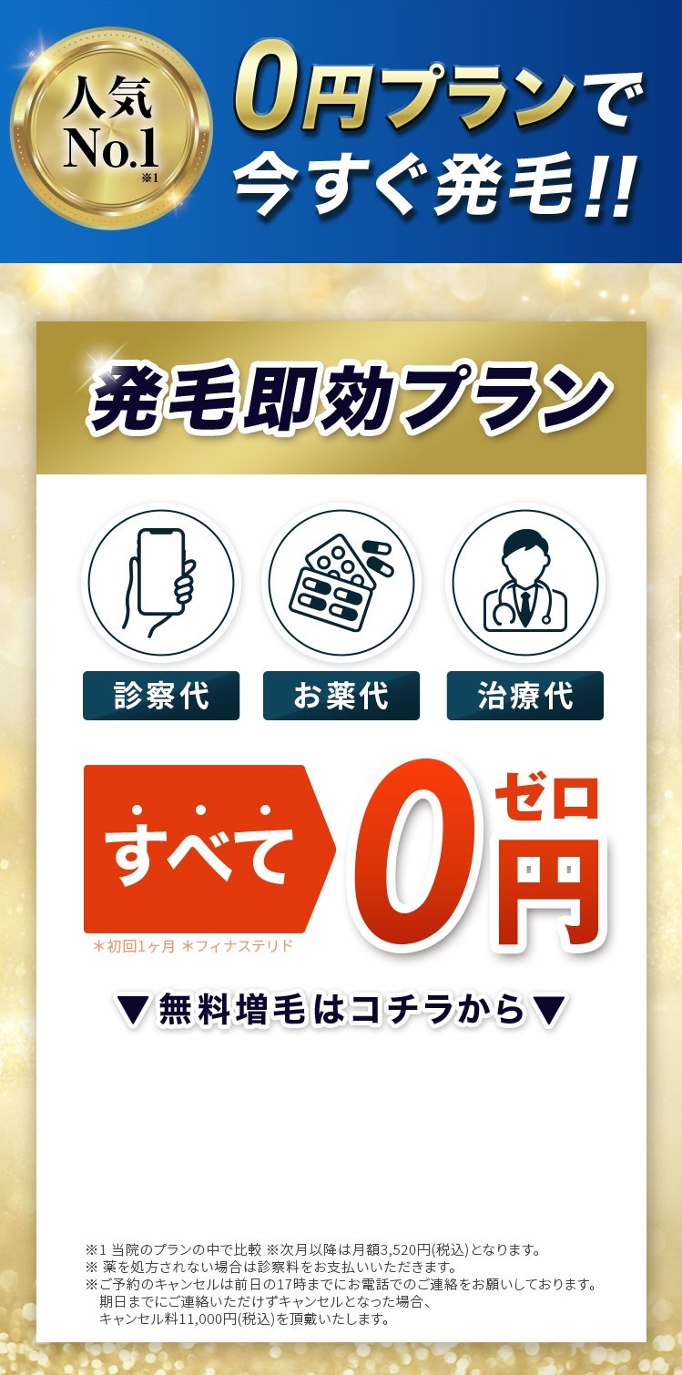 0円プランで今すぐ発毛！！無料だから気軽に試せる発毛即効プラン　診察代　お薬代　治療代　全てゼロ円